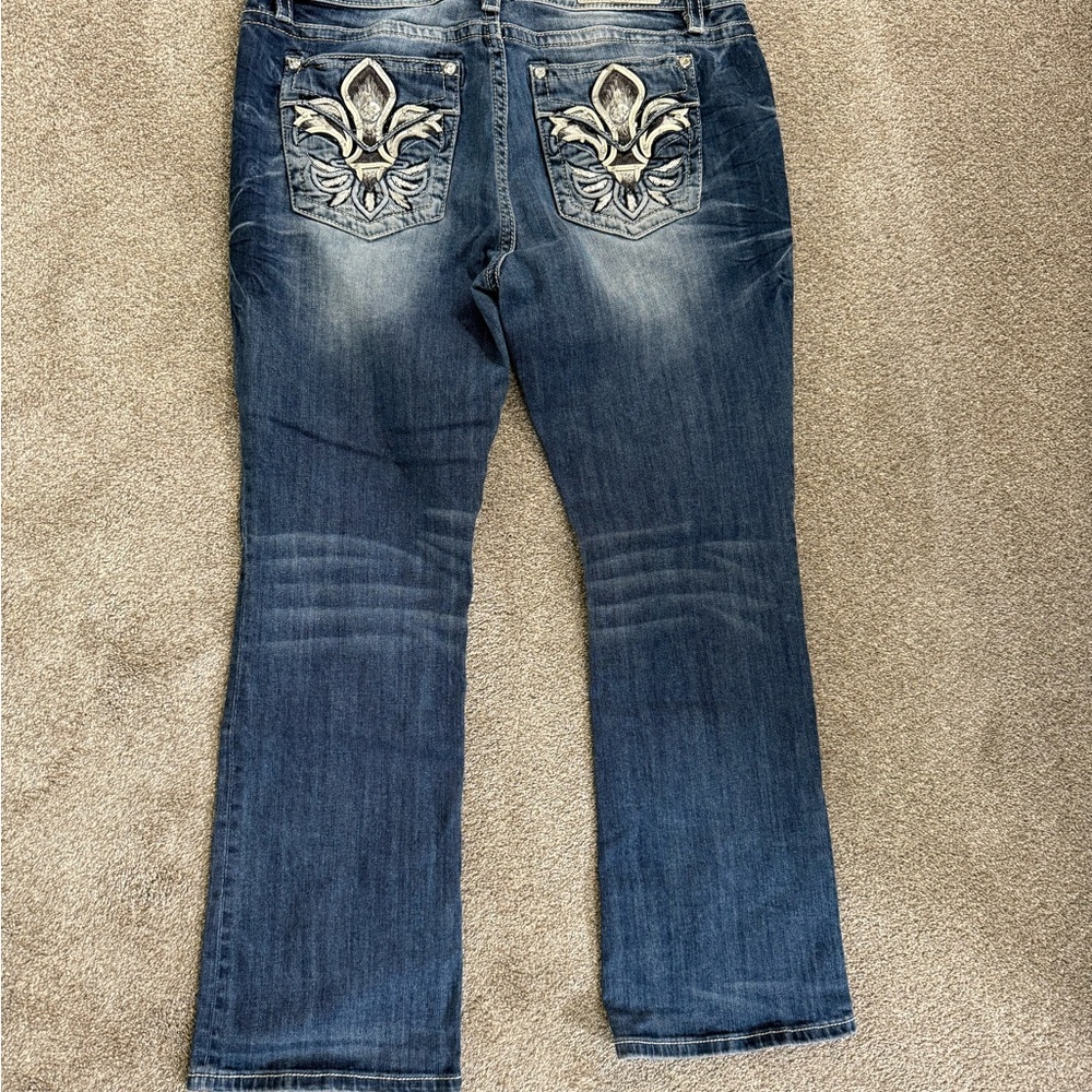 Miss Me Blue Boot Cut Jeans with Ornate Embroidery